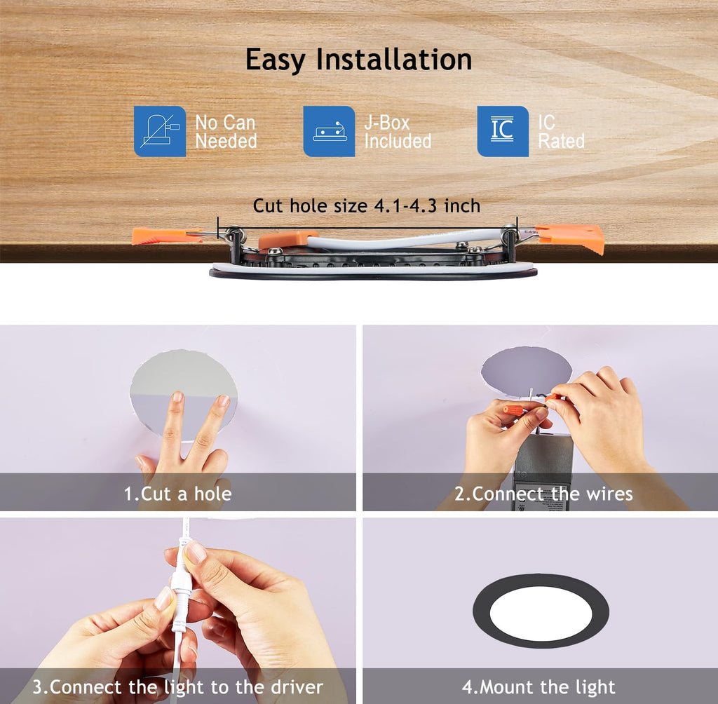 Black 4 Inch Recessed Lights, Canless Wafer Pot Lighting, 6 Pack