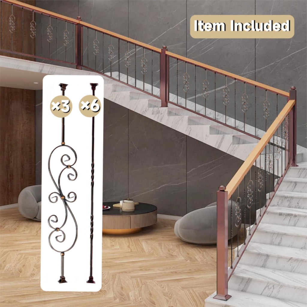 Oil Rubbed Copper Staircase Balusters - 1/2inch x 44inch, Metallic Railing Featuring Radiant Sheen S-Shaped Floral