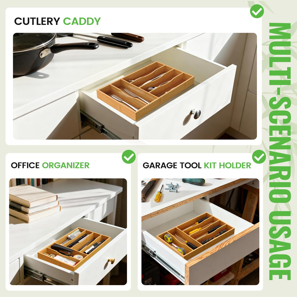 Bamboo Silverware Organizer, Bamboo Kitchen Drawer Cutlery Organizer, Utensil Holder, Flatware Organizer Tray