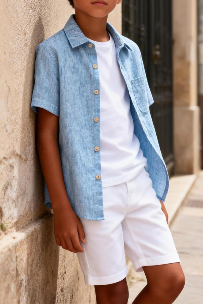 Boy Button Down Chambray Shirts Short Sleeve Linen Shirt
