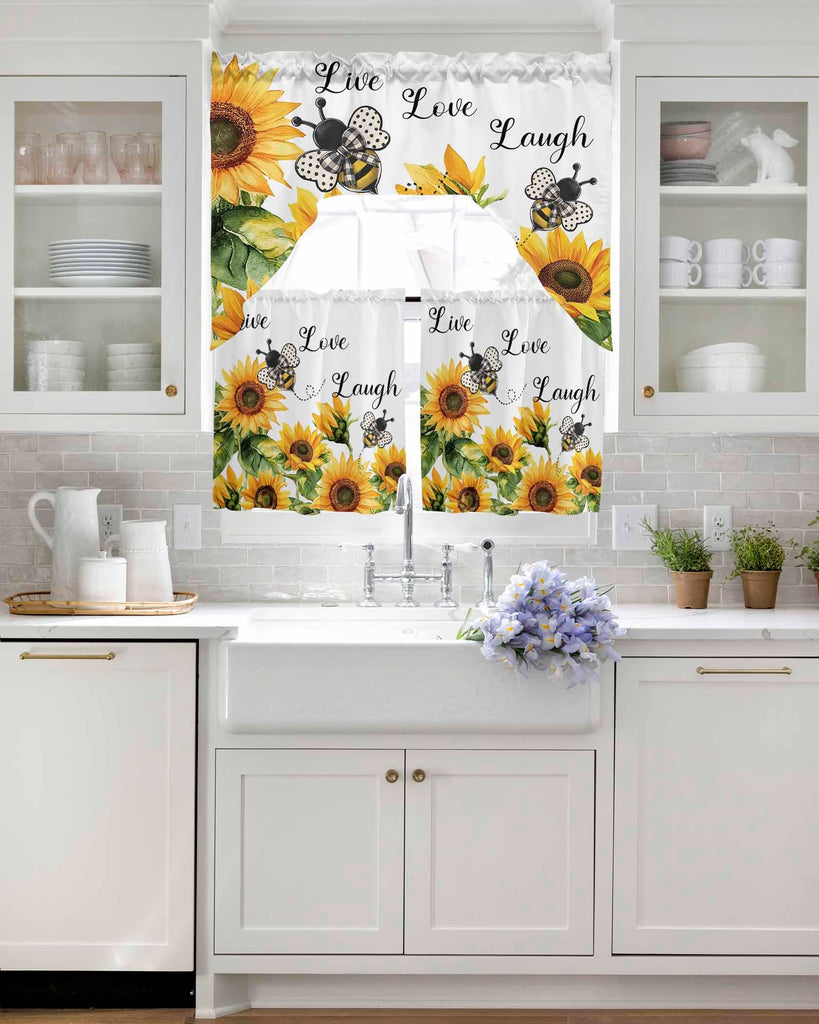 Sunflower Bee Swag Kitchen Curtains Valance and Tier Set 24 Inch Length, Vintage Yellow Floral Farmhouse Watercolor