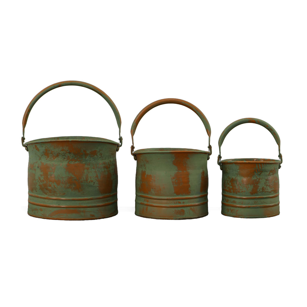 Benjara Tinged Metal Bucket Planter Set of 3, Patina Rust Green Finish, Decorative Planters with Side Handles, Rustic