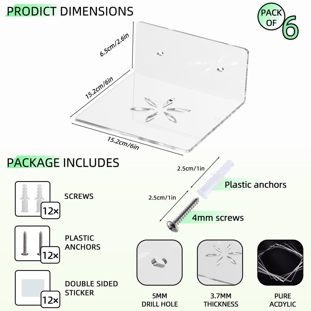 Acrylic Wall Shelves, Clear 6 inch Floating Shelves for Display, Echo, Cameras, Speaker, Router Wall Mounted Transparent