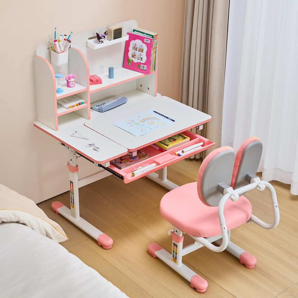 Kids Study Chair and Desk Set, Study Desk and Chair for Kids with Bookshelf & Storage Drawer, Adjustable Height &