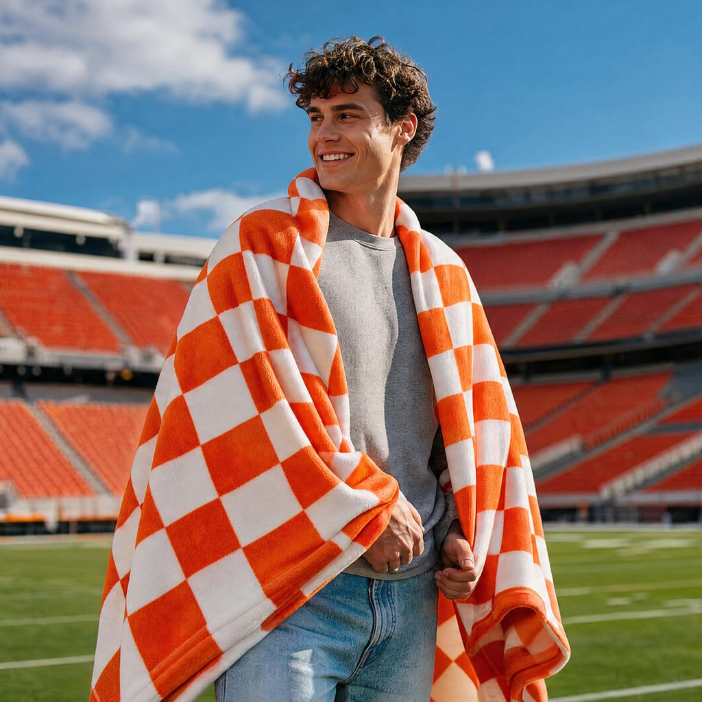 Checkered Fall Twin Blanket for Couch, Orange & White, 60"x80"