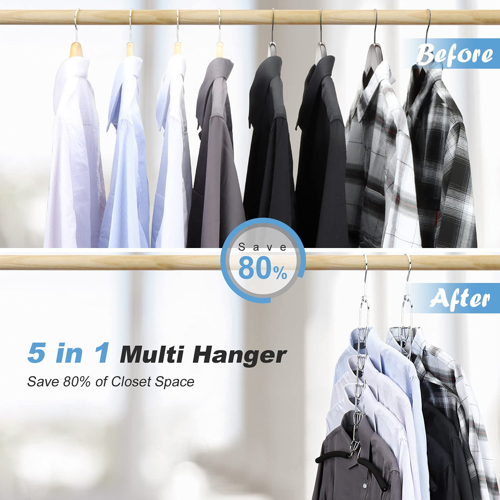 Space Saving Clothes Hangers, Multilayer Metal Hanger 2 Pack 5 in 1 Space Saver Coat Hangers, Anti-Slip Foam Padded