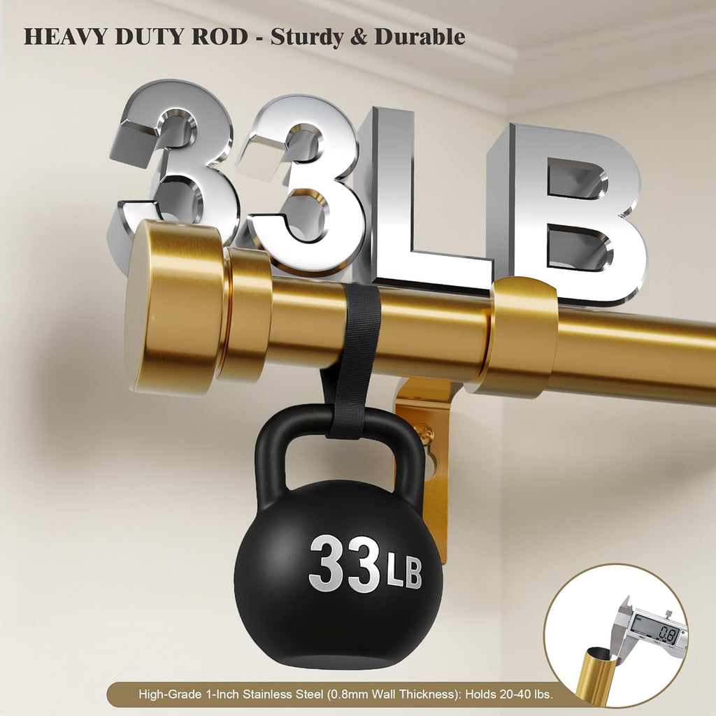Heavy Duty Curtain Rods for Windows, 1 Inch Brass Gold Curtain Rod, Adjustable Length Rod with Metal