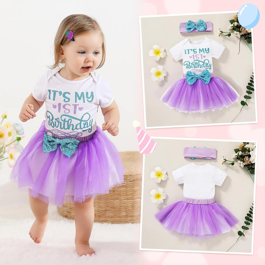 Baby Girls My 1st Birthday Dress Infant Shiny Printed Sequin Bowknot Tutu Princess Dress