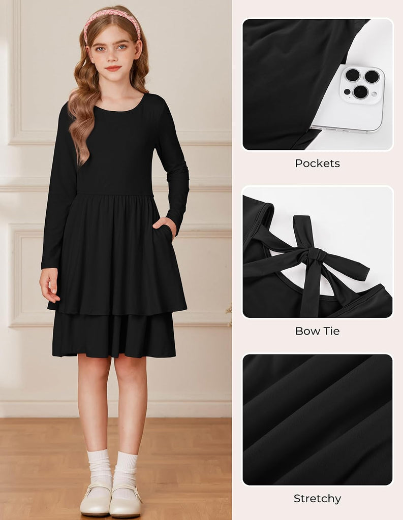 Girls Fall Dress Long Sleeve Tie Back Pockets School Party