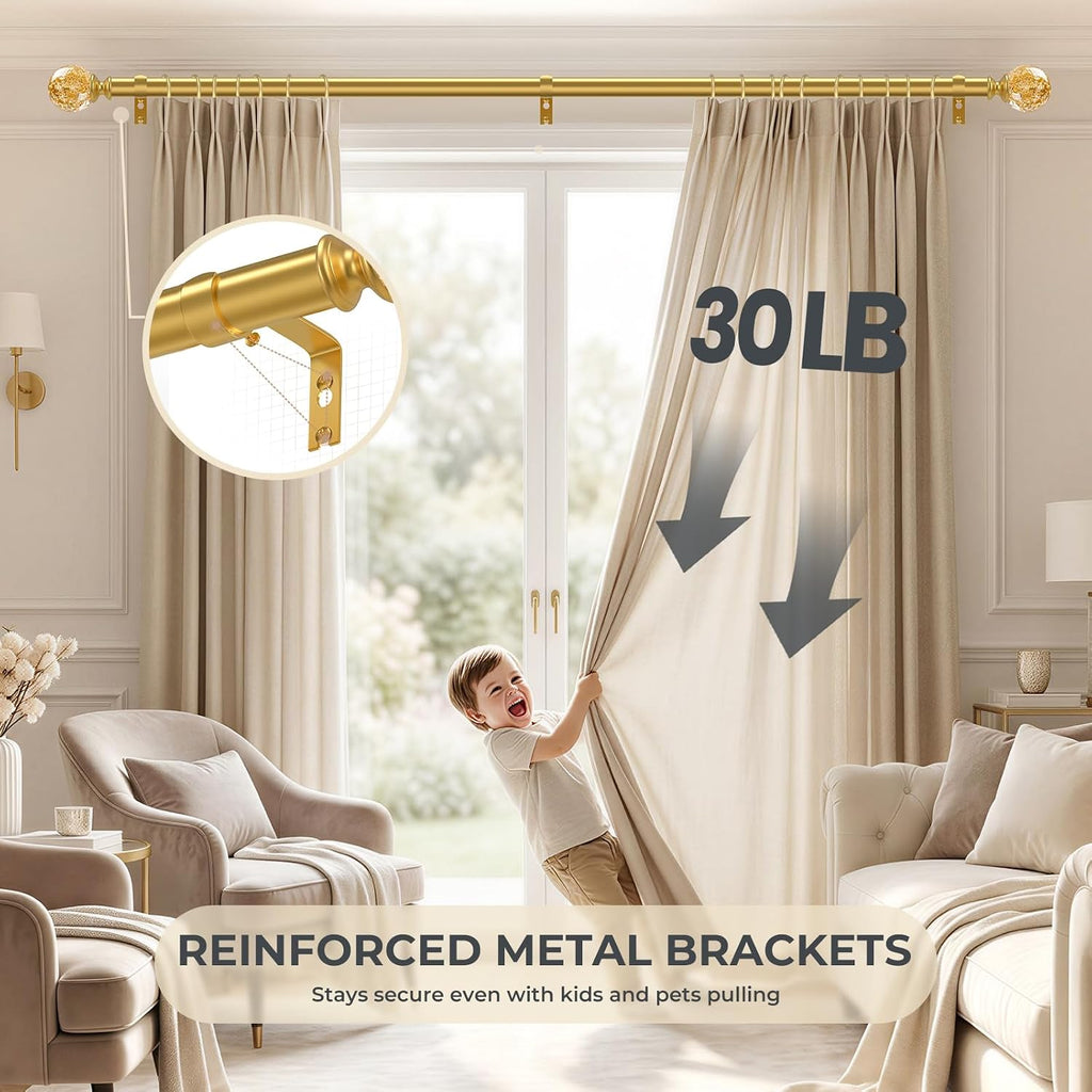 Gold Decorative Crystal Curtain Rods: Heavy Duty Adjustable Window Curtains Rods for Bedroom Living Room