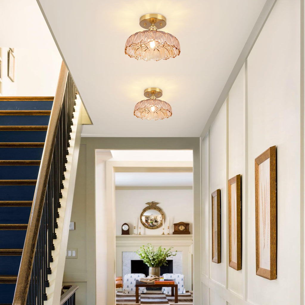 Hallway Lights Fixture Ceiling, Amber Semi Flush Mount Ceiling Lights, 9.4" Flower Light E26 Vintage Light Fixtures for