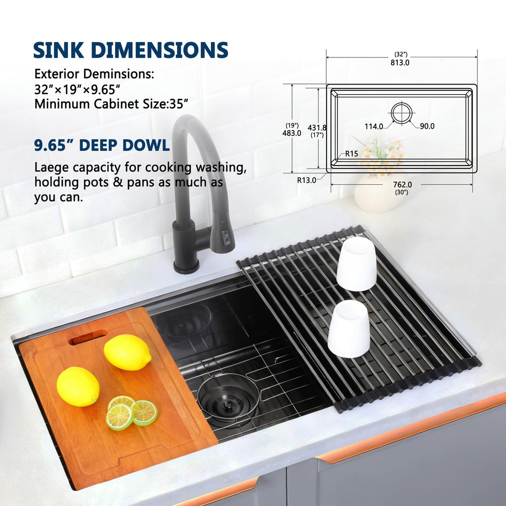 32 Inch Black Undermount Kitchen Sink Workstation, 32x18 Inch Large Outdoor Single Bowl Prep Sink, Stainless Steel
