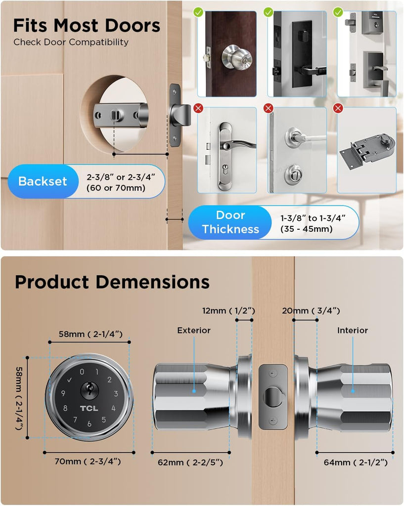 Fingerprint Smart Door Knob, 0.3s Biometric Keyless Entry, 4-in-1 Access with App Control & Passcode, Auto-Lock
