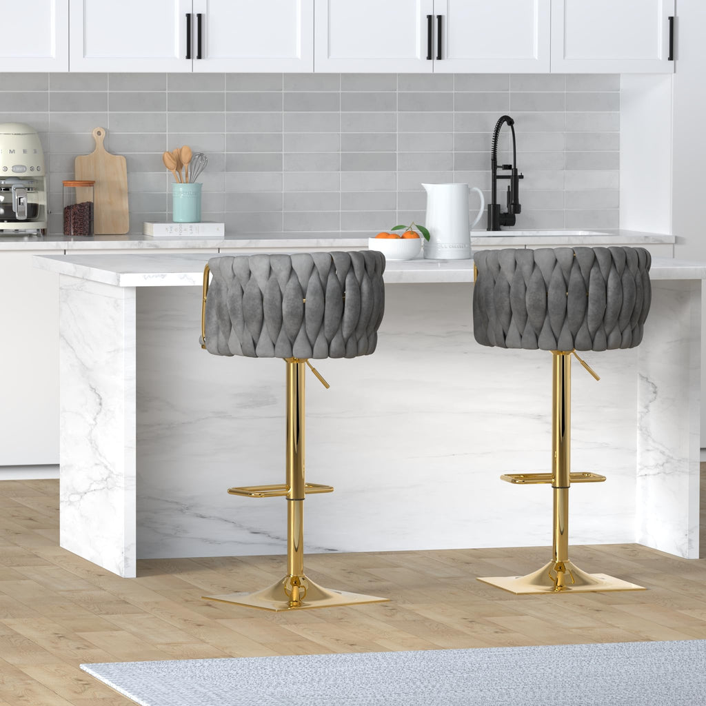 Swivel Velvet Bar Stool Set of 2, Adjustable Comfy Counter Height Barstool, Modern Dining Chair with Woven Back