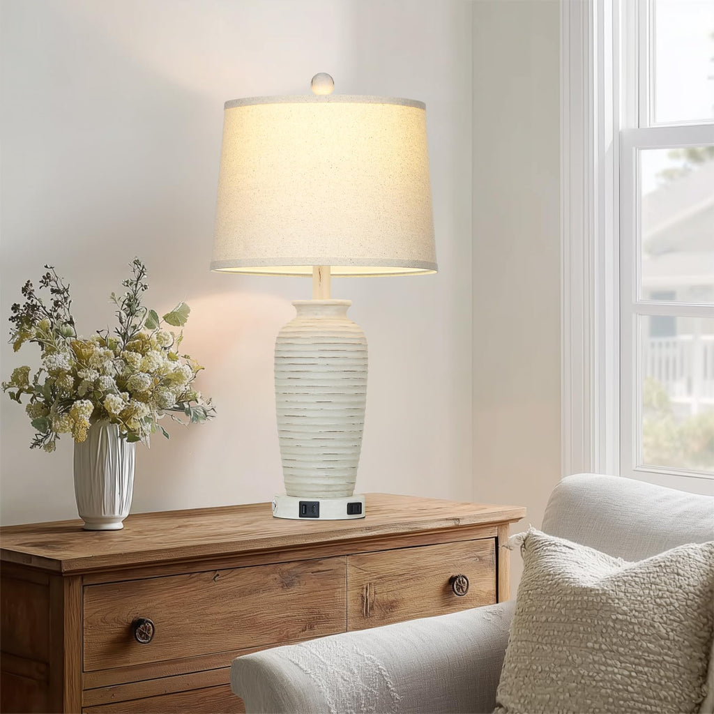 25" Retro White Farmhouse Jar Table Lamps Set of 2, 3 Way Touch Control Rustic Bedside Lamps with USB A+C Ports & AC