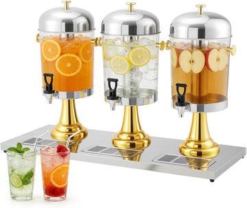 6.6 Gal Triple Head Beverage Drink Dispenser with Ice Core, Gold Stand