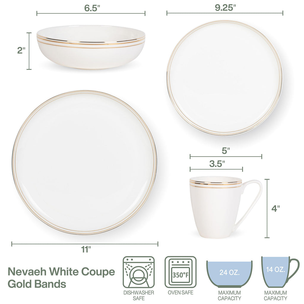 By Fitz and Floyd Nevaeh Bone China Coupe Gold Bands Dinnerware Set, Service for 4