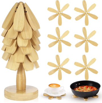 Tree Coasters, Wooden Trivets for Hot Dishes, Stackable Trivet Set with Stand, Foldable Bamboo Wood Tree - Set of 6