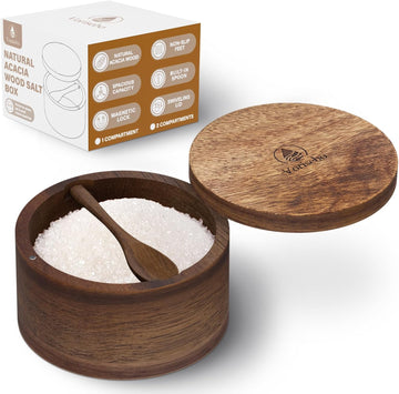 Salt Cellar with Lid & Spoon, Acacia Wood Salt Container, Salt Holder