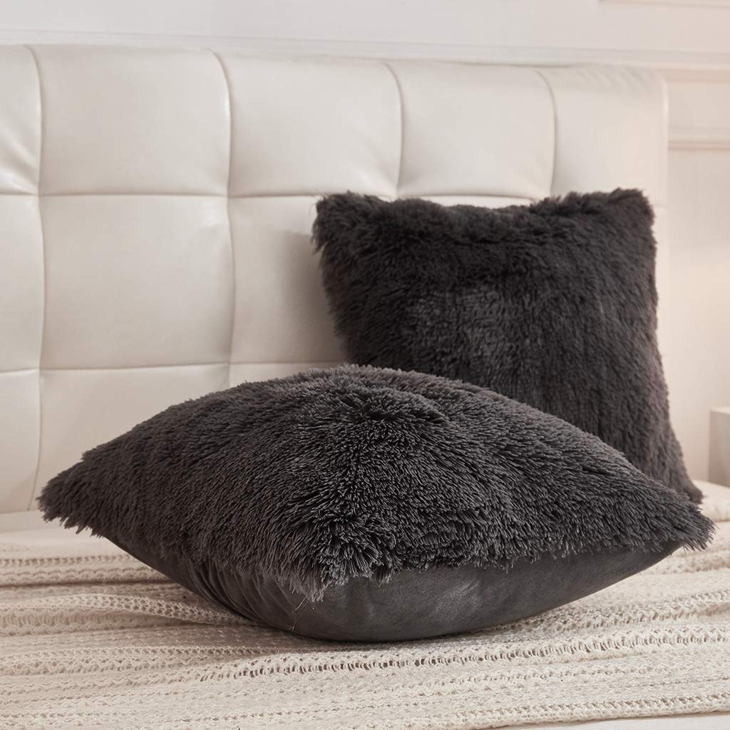 Fluffy Faux Fur Throw Pillow Covers Pack of 2, Dark Gray