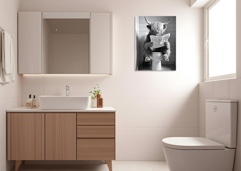 Highland Cow Bathroom Canvas Wall Art Funny Animals Bathroom Pictures Black and White Highland Cow Bathroom Prints