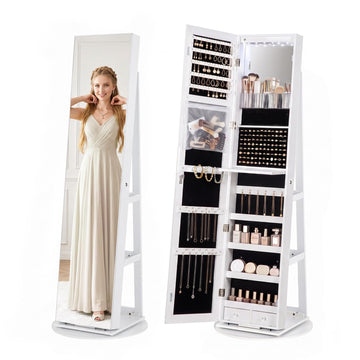 360° Swivel Jewelry Armoire Cabinet with Full Length Mirror, Lockable Jewelry Organizer with 6 LED Vanity Mirror, 3