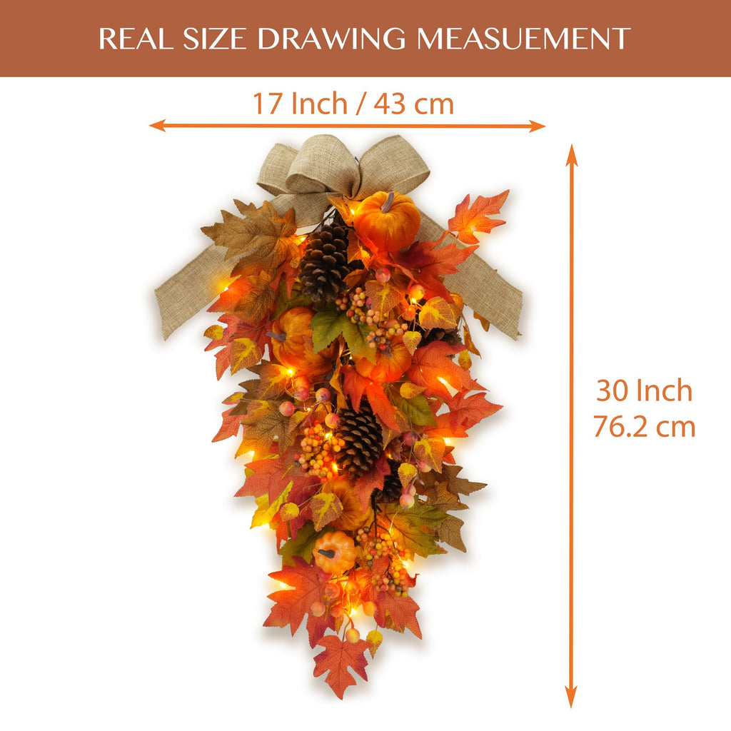 30" Pre-lit Fall Teardrop Swag, Pumpkin Maple Leaf 35 Fairy Light