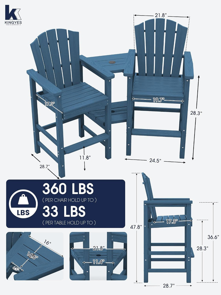 Tall Adirondack Chair Set of 2 with Double Connecting Trays, Blue | All-Weather HDPE Outdoor Adirondack Barstools