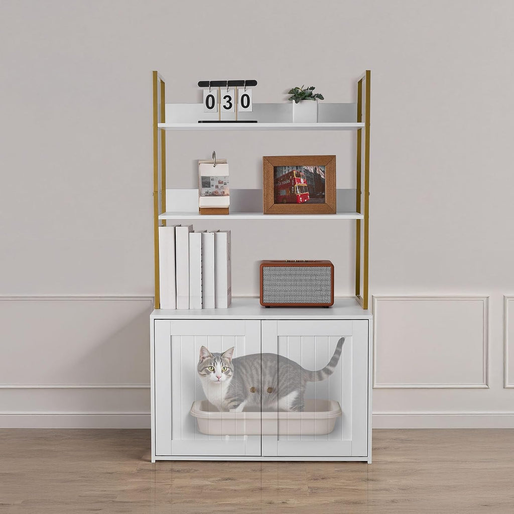 Cat Litter Box Enclosure Furniture, 27.6 in Hidden Litter Box Cabinet with Metal Legs & 2-Tier Storage Shelves
