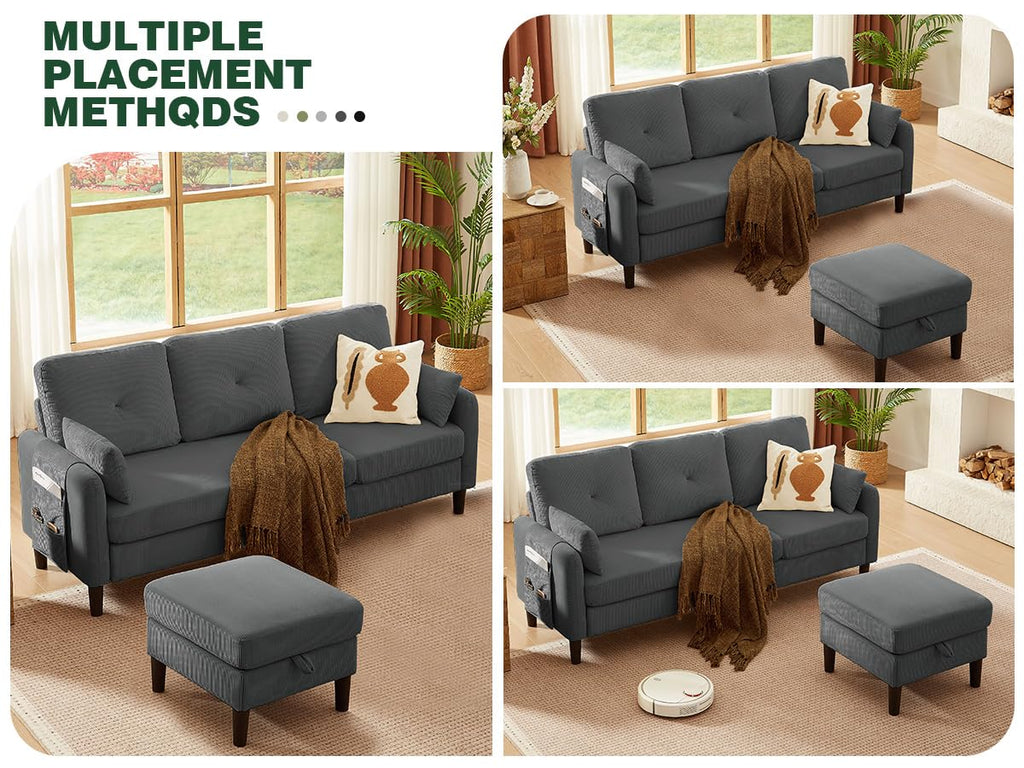 Modern Sectional Sofa with Storage Ottoman, L-Shaped 3-Seat Couch with 2 Pillows and Side Storage Pockage, Reversible