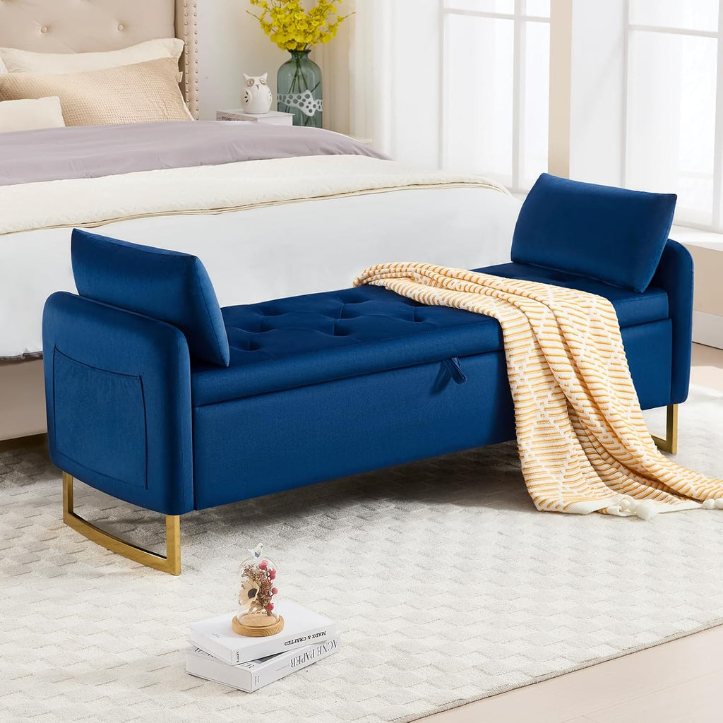 65" Storage Bench , Velvet End of Bed Bench, King Size Bed Benches for Foot with Tufted Button and Gold Legs