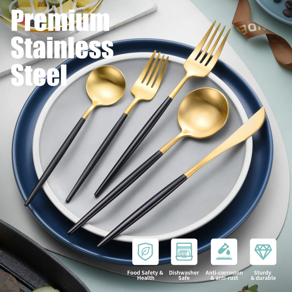 Matte Black Gold Silverware Set for 6,Modern Stainless Steel Brushed Cutlery Set,30-Pieces Heavy Duty Flatware