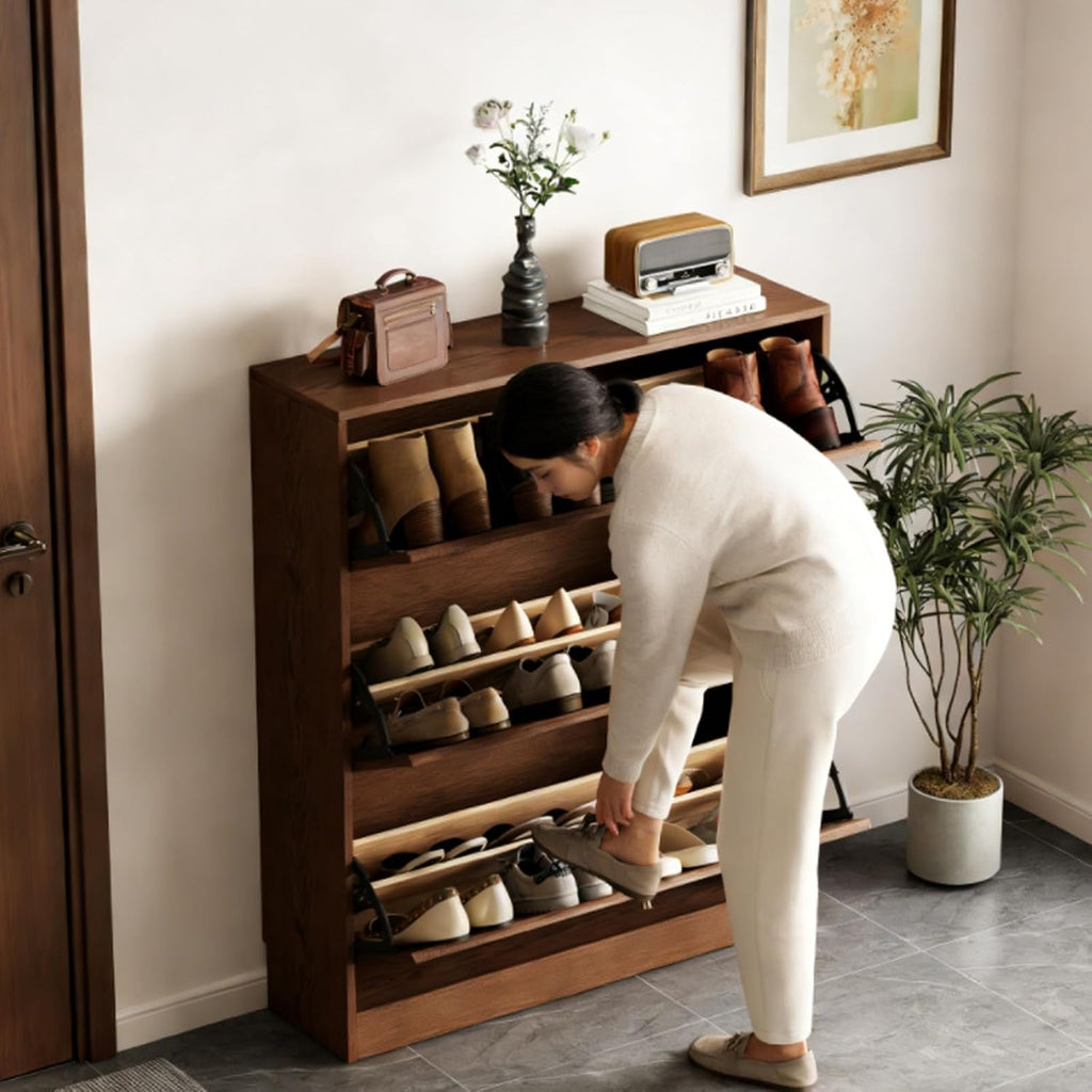 Soild Wood Shoe Storage Cabinet with 3 Flip Drawers ,Narrow Shoe Rack Cabinet with Adjustable Shelves 38 W, Morden