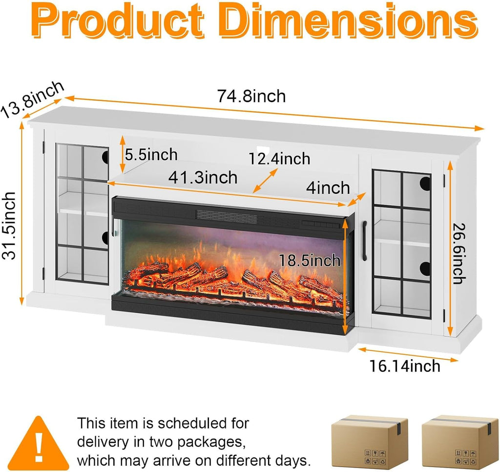 Farmhouse TV Stand for TVs up to 85" - Glass Doors, Storage, Fireplace | 75" Sideboard High-gloss finish, matte body