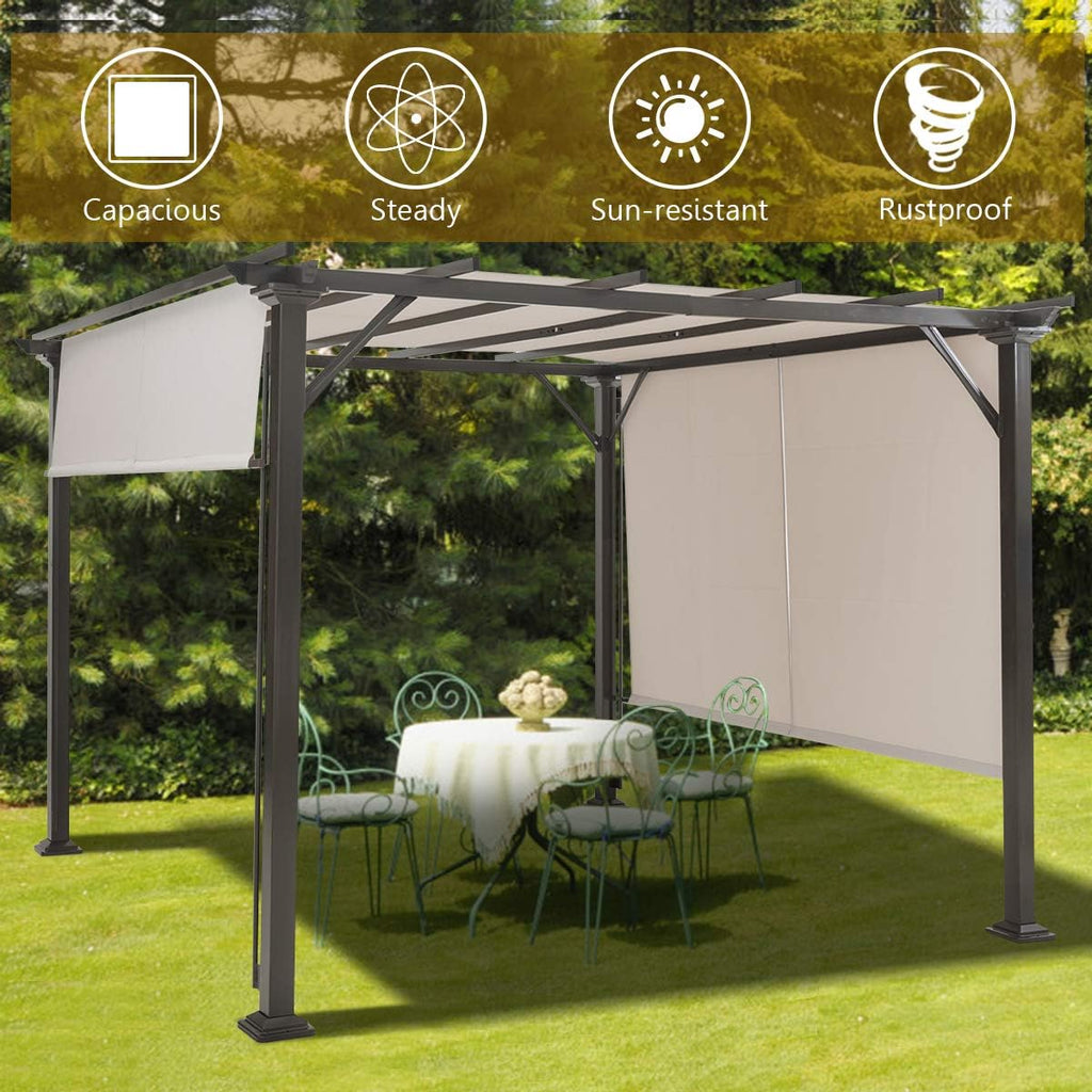 10x10FT Outdoor Patio Shade Structure, Steel Pergola with Retractable Canopy Shades, Rustproof Metal for Patio