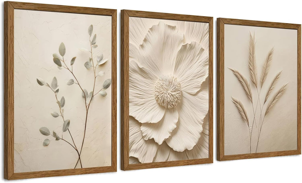 3 Piece Framed Neutral Beige Floral Canvas Wall Art, Modern Simple Texture Blossom Wall Decor, Vintage Botanical