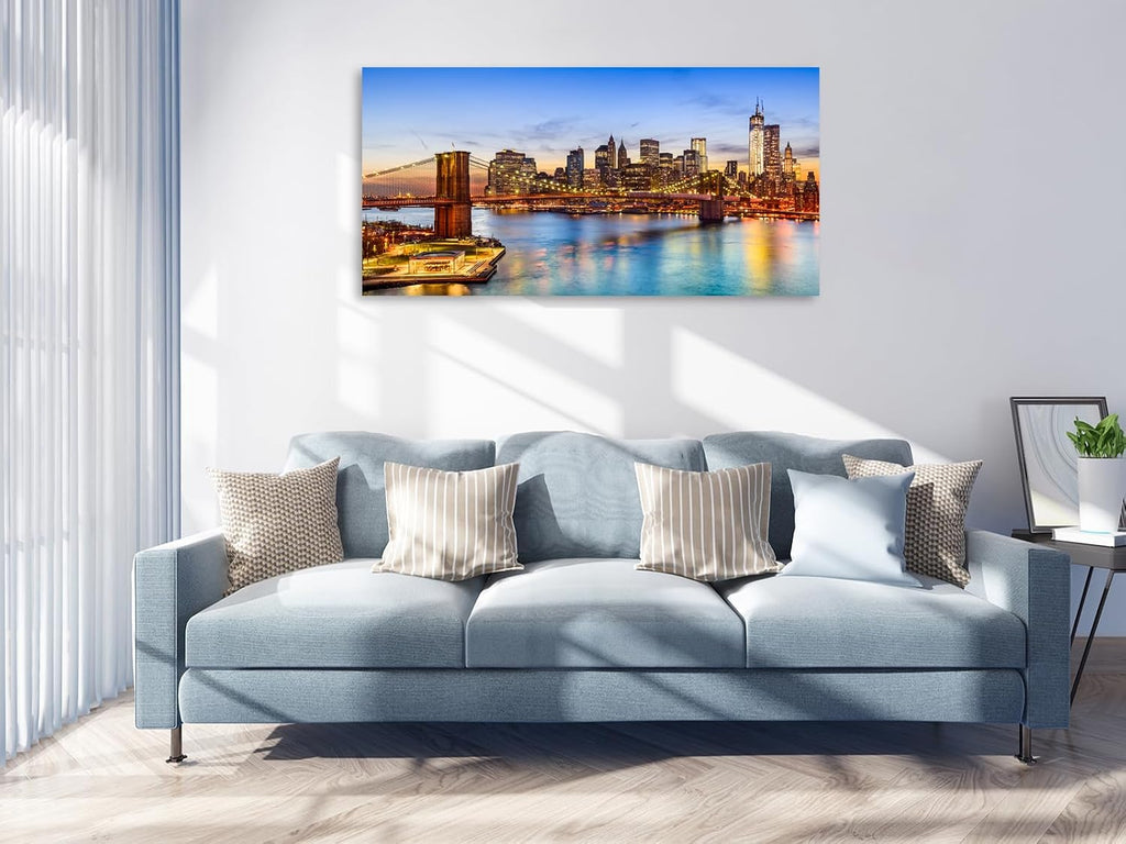New York City Skyline Canvas Wall Art-Brooklyn Bridge at Sunset Panoramic Picture, Modern Manhattan Cityscape