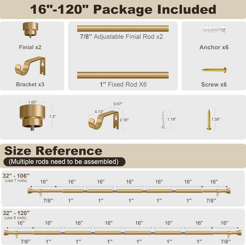 Gold Heavy Duty Curtain Rods for Windows 1" Diameter Brass Curtain Rod with Modern