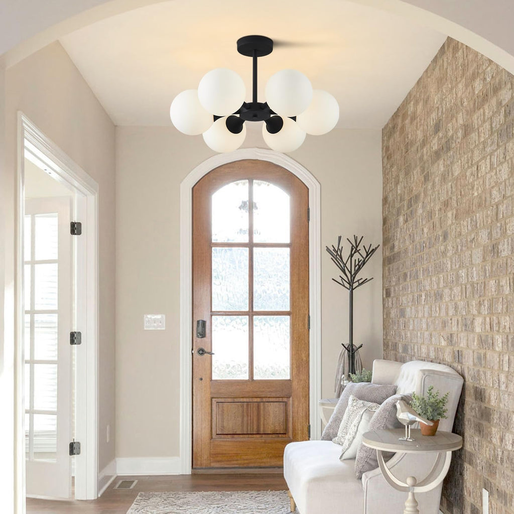 6-Light Black White Milk Glass Globe Semi Flush Mount Ceiling Light
