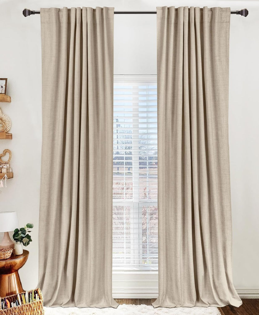 Linen Blackout Curtains for Bedroom 96 Inches Long, Back Tab/Rod Pocket Living Room Drapes, Thermal Insulated