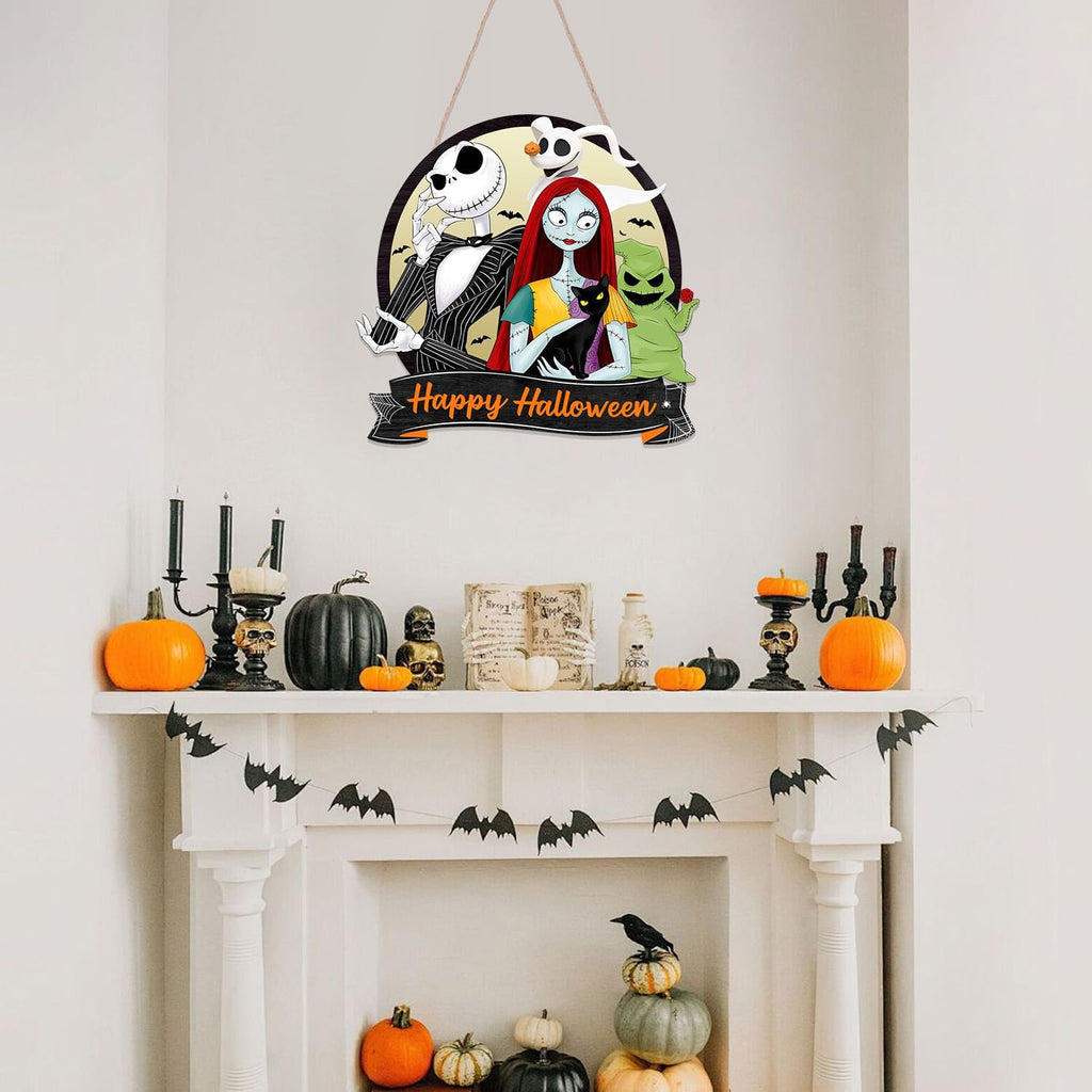 Halloween Door Sign Cartoon Nightmore Wreath Decorations ,Happy Halloween Hanging Signs Front Door Decor ,Rustic