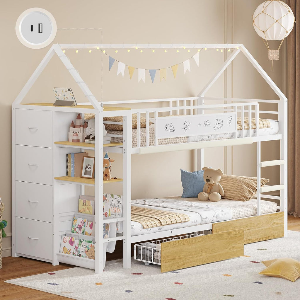 Twin Bunk Bed for Kids with 6 Storage Drawers, Montessori Bookshelf