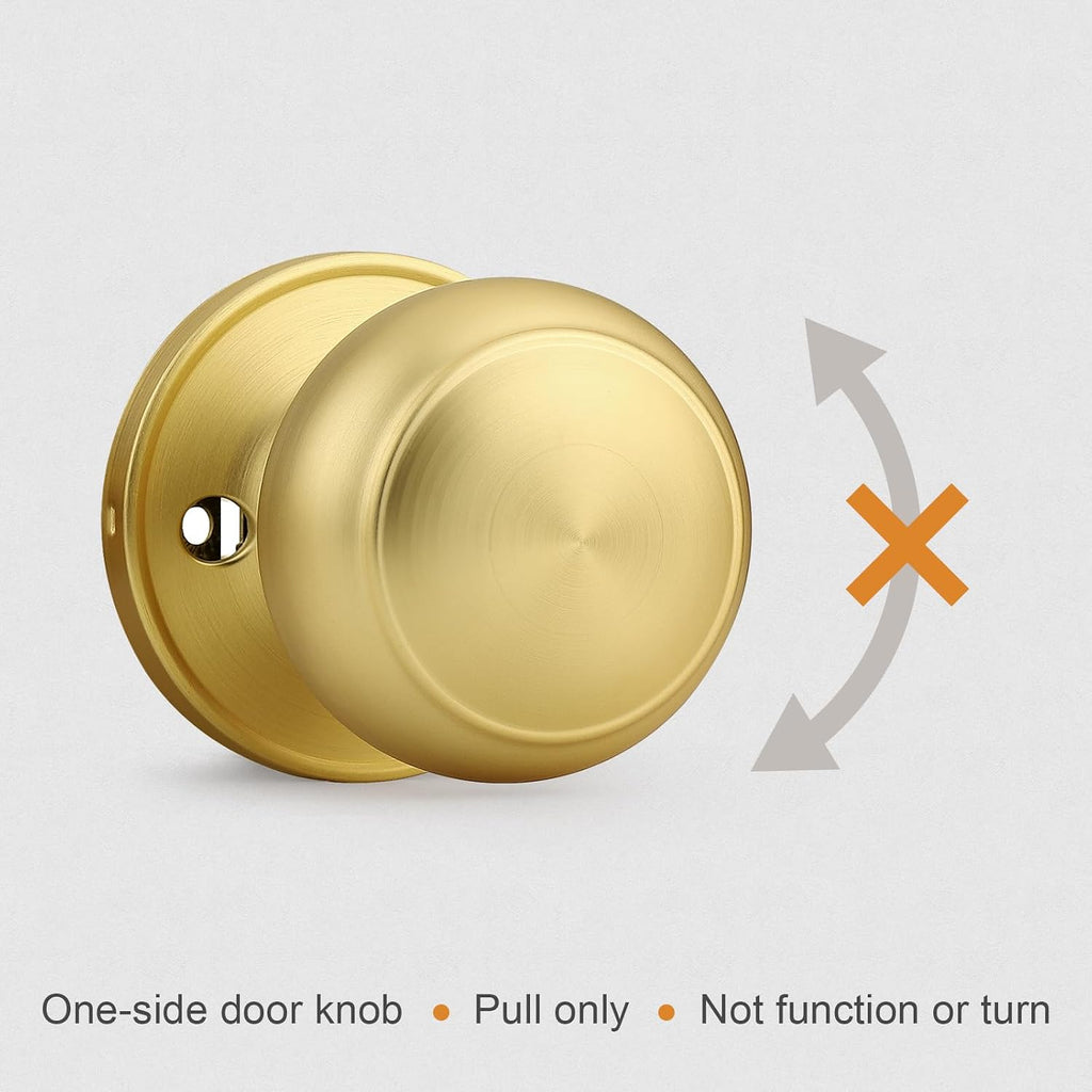 Gold Door Knob One Side 2 Pack, Fake Door Handles Dummy Function for Closet French Doors, Brushed Brass Finish