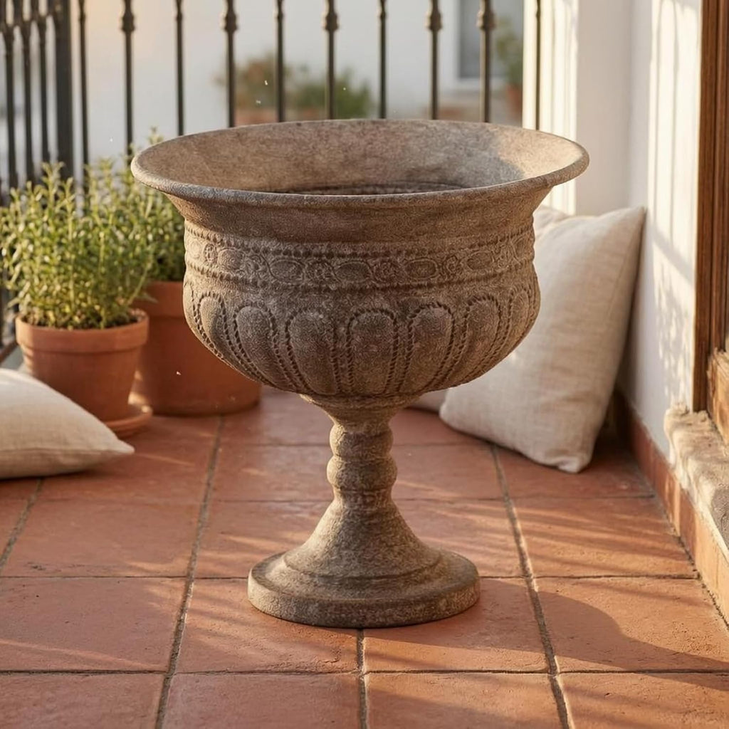 Outdoor Trophy Vase Traditional Urn Planter Pedestal Flower Pot with Textured Surface Iron Construction Wide Opening