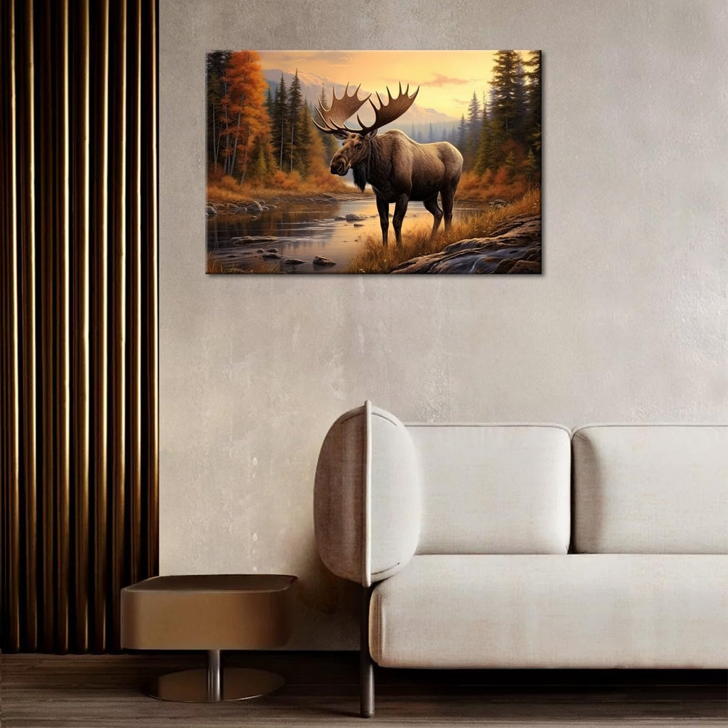 Nature Moose Wall Art Landscape Moose in the River Wall Decor Print Painting Wilderness Animal Retro Poster Home