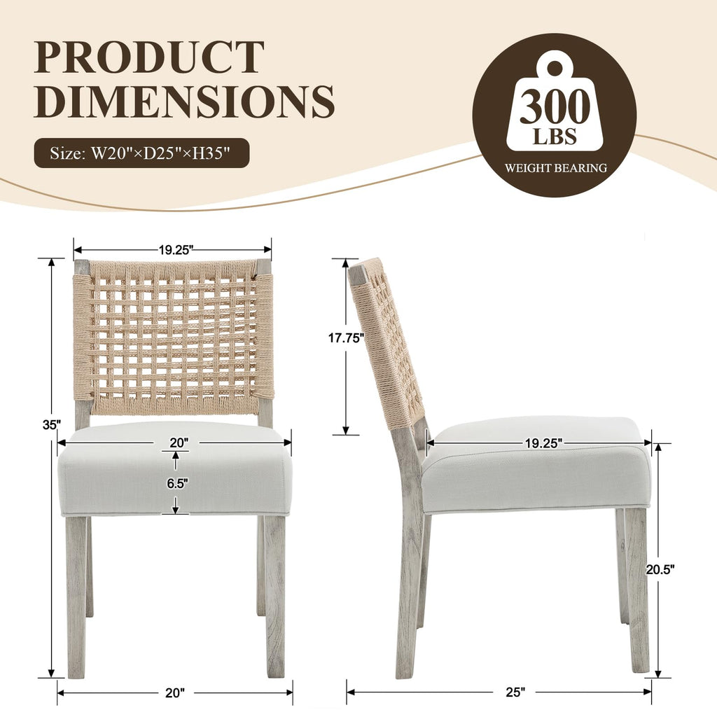 Upholstered Dining Chairs Set of 4, Boho Coastal Dining Room Chairs with Natural Woven Rope Back White Gray Washed