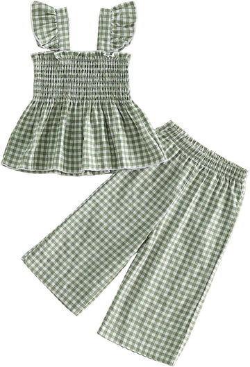 Toddler Girl Summer Outfits Plaid Baby Dress Smocked Ruffle Strap Cami Tops Pants 2 Pcs Set