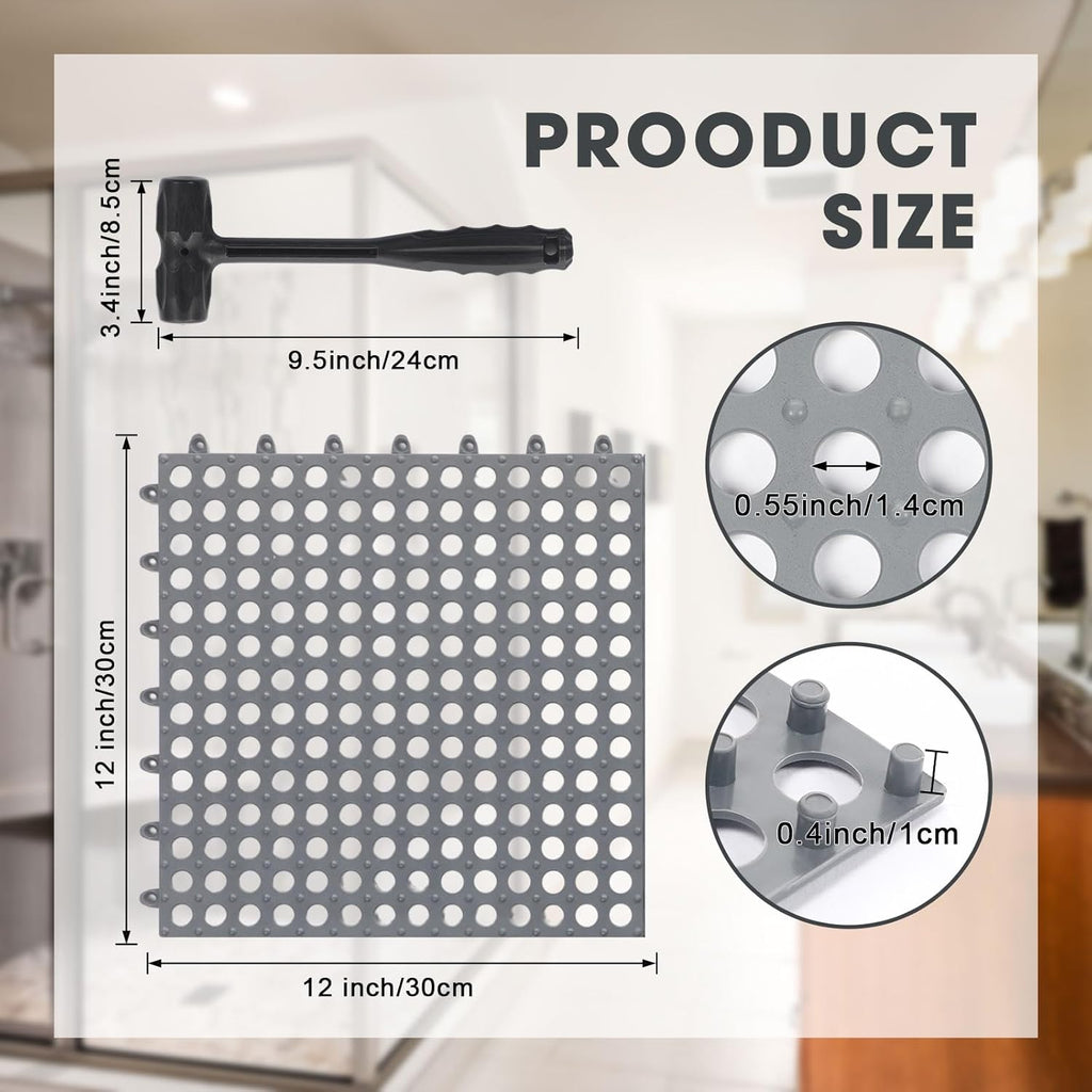 12 Pack Drainage Tiles Modular Interlocking Floor Tiles with 1 Pc Plastic Hammer 12" x 12" Cushion Mat Non Slip Rubber