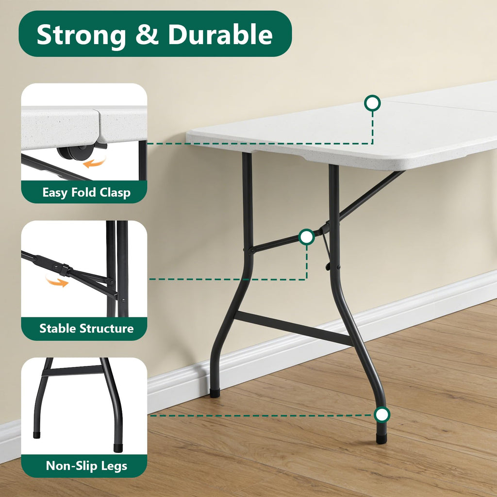 2 Pack 5ft Folding Table, Foldable Picnic Table with Carrying Handle, Heavy Duty Fold-in-Half Portable Table for