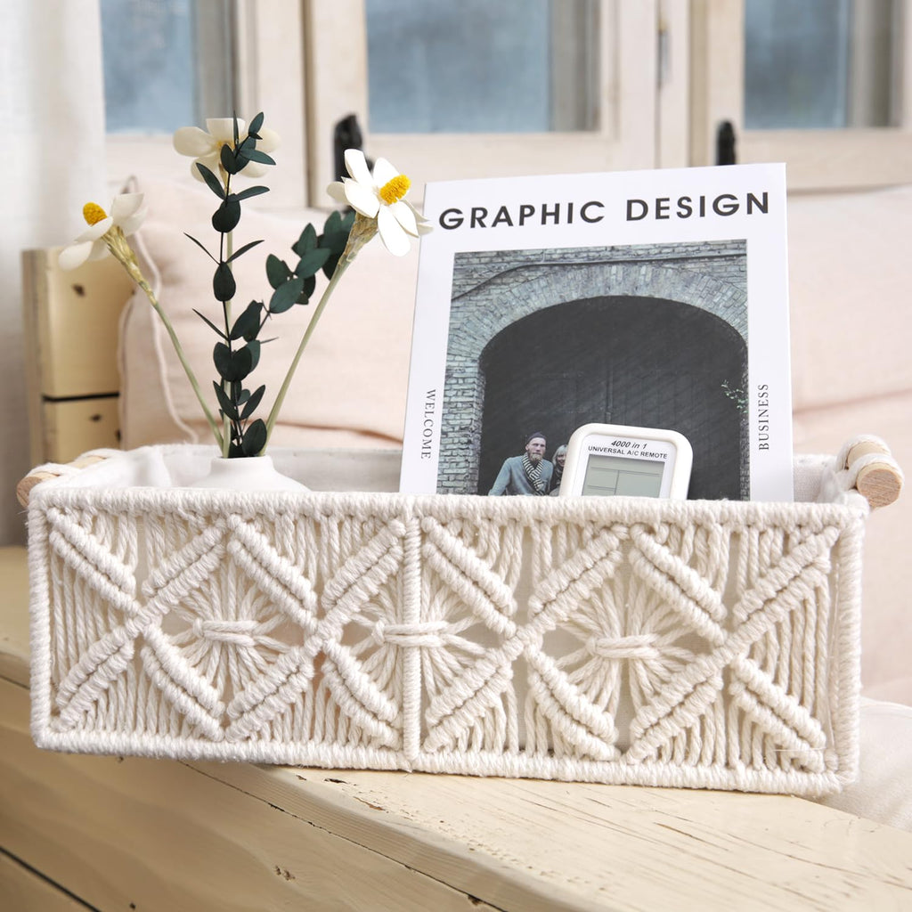 2pc Macrame Storage Baskets, Boho Woven Boxes Org, White